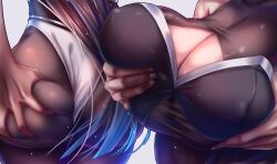 1boy 2girls akeyama_kitsune ass ass_grab azur_lane bare_shoulders black_hair black_pantyhose blue_hair bodystocking breasts cg cleavage cleavage_cutout close-up clothing_cutout covered_nipples deep_skin grabbing grabbing_another's_breast groping head_out_of_frame large_breasts leotard long_hair multiple_girls official_alternate_costume pantyhose race_queen simple_background straight takao_(azur_lane) takao_(full_throttle_charmer)_(azur_lane) white_background