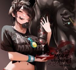 absurdres alternate_breast_size_(larger) archimedesu99 black_shirt blacked_female box breasts brown_background brown_hair collarbone commentary commission covered_nipples cum cum_in_container dark-skinned_male dark_skin english_commentary erection female gradient_background heart-shaped_box highres holding hololive huge_breasts huge_cock interracial jewelry lipstick_mark lipstick_mark_on_penis looking_at_penis looking_at_viewer male_pubic_hair midriff mouth_hold navel necklace one_eye_closed oozora_subaru penis pubic_hair purple_eyes queen_of_spades_symbol race_fetishism race_fetishism_symbol red_lips ring shirt short_hair short_sleeves sidelocks smile spade_(shape) spade_pendant striped_clothes tied_shirt uncensored veins veiny_penis very_dark_skin virtual_youtuber whistle whistle_around_neck