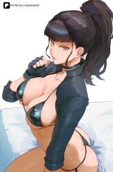 1girls araneesama ass bed big_breasts black_bikini black_hair blunt_bangs breasts choker cleavage covered_nipples female finger_heart gloves green_eyes large_breasts long_hair nell_(the_first_descendant) on_bed paid_reward_available pink_nails ponytail shrug_(clothing) sitting sitting_on_bed solo spaghetti_strap strap_gap the_first_descendant thong thong_bikini underboob