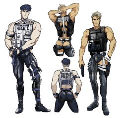 archie_pendragon arms_behind_head ass bulge concept_art danyal_baron f.t.p.h.d. lilprincyvi male_only muscles muscular muscular_male plain_background police_uniform smiling_at_viewer twitter_user_oc white_background