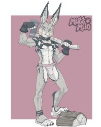 4_toes 5_fingers abs ankle_band anthro arm_tuft artist_logo artist_name athletic athletic_anthro athletic_male axe axe_over_shoulder barefoot biceps biped border buckteeth bulge cheek_tuft chest_harness claws clothing collar countershade_feet countershade_torso countershading dipstick_ears ear_markings elbow_tuft facial_tuft feet finger_claws fingerless_gloves fingers fist flexing flexing_bicep forearm_muscles fur fur_markings gloves handwear harness head_tuft hi_res holding_axe holding_object hybrid inner_ear_fluff jockstrap lagomorph leporid log logo looking_at_viewer male mammal markings multicolored_ears muttmilo navel partial_color pawpads paws pink_background plantigrade pose presenting rabbit rodent sciurid shaded simple_background smile solo standing step_pose teeth text toe_claws toes tree_squirrel tuft underwear white_border wood zetta_(artist)