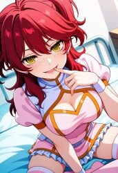 ai_generated brainwashed breasts corrupted female finger_in_mouth freckles freckles_on_face ginger ginger_female gundam_00 hypnosis large_breasts mind_break mind_control nena_trinity pale-skinned_female pale_skin red_hair twintails yellow_eyes