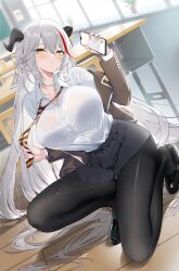 aegir_(azur_lane) alternate_costume azur_lane black_footwear black_pantyhose black_skirt blush breasts brown_jacket cellphone cg classroom collared_shirt demon_horns desk female full_body hair_between_eyes hair_on_horn holding holding_phone horns indoors jacket kneeling large_breasts long_hair long_sleeves looking_at_viewer miniskirt multicolored_hair necktie on_one_knee open_clothes open_jacket pantyhose parted_lips phone pleated_skirt red_hair school_uniform shirt shirt_tucked_in shoes skirt smartphone solo streaked_hair striped_necktie taut_clothes taut_shirt thighs very_long_hair white_hair white_shirt yellow_eyes