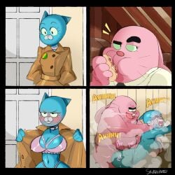 1boy 1girls anthro anthro_on_anthro artist_name blue_body blush bra breasts canon_couple cartoon_network coat coat_removed couple dilf doggy_style domestic_cat duo eating eating_food fat fat_male felid feline female food furry furry_female furry_male furry_only holding_food husband_and_wife indoors interspecies lagomorph looking_at_another male male/female mammal mature mature_anthro mature_female mature_male milf nicole_watterson nude nude_anthro nude_female nude_male obese obese_anthro obese_male open_mouth overweight overweight_anthro overweight_male pink_body pink_bra rabbit richard_watterson sevonteroo sex shirt steam steaming_body straight straight_sex the_amazing_world_of_gumball trenchcoat white_shirt