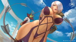 1girls ass breasts huge_breasts isabella_valentine looking_at_viewer looking_down nextoad outdoors outside purple_lipstick solo soul_calibur tagme whip white_hair