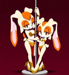 2girls ai_generated cream_the_rabbit crossover crossover_cosplay high_heels long_ears milf mobian_rabbit pole_dancing sega slave_leia_(cosplay) sonic_(series) star_wars stripper_pole vanilla_the_rabbit