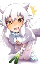 ^^^ absurdres animal_ears arctic_fox_(kemono_friends) bent_over blue_bow blue_bowtie bow bowtie cameltoe capelet clothed_masturbation clothes_pull commentary_request crotch_seam extra_ears fangs female female_masturbation food fox_ears fox_girl fox_tail fur-trimmed_sleeves fur_trim hair_between_eyes highres holding holding_food holding_spring_onion holding_vegetable kemono_friends kemono_friends_3 kneeling long_hair long_sleeves looking_at_viewer masturbation open_mouth pussy_juice saliva see-through_clothes see-through_pantyhose shirt skirt skirt_pull solo spring_onion surprised tail thin_(suzuneya) vegetable very_long_hair wet wet_clothes wet_pantyhose white_capelet white_hair yellow_eyes
