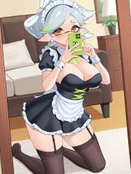 ai_generated day daytime female female_only female_pov hi_res jtveemo_(ai_style) living_room maid maid_headdress maid_outfit maid_uniform marie_(splatoon) mirror mirror_selfie phone seaart.ai splatoon splatoon_(series) splatoon_2 splatoon_3 white_hair yellow_eyes