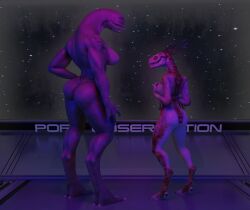 3d_(artwork) alien anthro arm_quills ass breasts colored cosmic_background digital_media_(artwork) digitigrade duo english_text female halo_(series) hand_on_breast hi_res ibie'shan kig-yar kit5un3 mandibles microsoft non-mammal_breasts nude quill_hair sangheili scalie short_tail side_boob size_difference smaller_anthro space space_background spurs_(anatomy) standing starry_background tail text xbox_game_studios