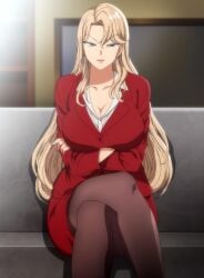 1girls blonde_hair blue_eyes breasts cleavage clothing edit edited kurashiki_reika large_breasts long_hair looking_at_viewer milf saimin_seishidou screencap smile stitched t-rex_(animation_studio) t-rex_(company) thighs third-party_edit