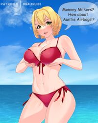 1girls aunt auntie_airbags bikini blonde_hair blue_sky bob_cut breasts cupping_breasts draltruist female female_only green_eyes hands_on_breasts large_breasts looking_at_viewer navel ocean short_hair solo speech_bubble text