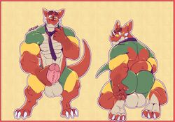 3_toes absurd_res anthro ass auron_ardere balls big_balls big_penis claws cursedmarked dragon erection feet genitals hand_on_penis hi_res looking_back male multicolored_body muscular muscular_anthro muscular_male necktie nude penis rear_view scalie simple_background solo standing toes