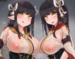 2girls bangs big_breasts black_hair blunt_bangs blush clothing elf_ears eyebrows_visible_through_hair female female_only hair_ornament hinoa japanese_clothes jtveemo large_breasts looking_at_viewer minoto monster_hunter monster_hunter_rise multiple_girls necklace necklaces nipples_visible_through_clothing pointy_ears siblings sidelocks sisters smile smiling steam sweat twins wagashi wet wet_clothes wyverian yellow_eyes