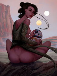 1girls bb-8 causticcrayon desert hi_res looking_back looking_pleasured makeup no_bra no_panties rey showing_ass showing_off sitting small_breasts star_wars sunset tatooine thick thick_ass twin_suns