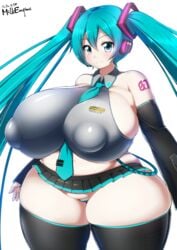 big_nipples blue_eyes blue_hair child_bearing_hips hatsune_miku huge_breasts kyosuke_fujiwara looking_at_viewer milk_engine miniskirt nipple_bulge panties plump puffy_nipples smile striped_panties thick_thighs twintails vocaloid wide_hips