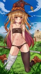 blonde_hair bra elf_ears elf_female elf_girl female_focus front_view hag light_skinlight_skinned_female long_hair necromancer panties pointy_ears red_eyes red_hair ruby_runeheart small_breasts solo solo_focus two_tone_hairchromashift underwear vtuber vtuber_fanart1girls witch youngelf