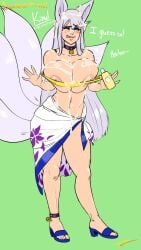 2025 animal_humanoid asian_mythology bell bell_anklet bell_collar big_breasts blue_clothing blue_eyes blue_footwear blush bodily_fluids breasts canid canid_humanoid canine canine_humanoid clothing collar corruption_of_champions_2 cum cum_on_belly cum_on_body cum_on_breasts cum_on_face dialogue east_asian_mythology english_text fakeryway female footwear fox_ears fox_humanoid fox_tail genital_fluids green_background hair hi_res huge_breasts humanoid japanese_mythology kinu_(coc2) long_hair mammal mammal_humanoid multi_tail mythology nipples pink_nipples simple_background solo tail text tongue tongue_out towel towel_around_waist white_hair yokai