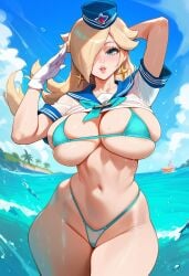 1girls 2d ai_generated big_breasts bikini blonde_hair female female_focus female_only gloves hair_over_one_eye hat highleg mario_(series) outdoors princess_rosalina sailor_hat sailor_uniform salute sea solo solo_female solo_focus super_mario_galaxy tagme water white_gloves
