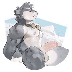anthro athletic balls bodily_fluids closed_eyes dripping erection felid genital_fluids genitals grey_body hi_res jewelry leopard lqqq male mammal mountain mouth_closed necklace nose_scar nude pantherine pecs precum precum_drip side_view sitting snow solo tribal tribal_jewelry tribal_necklace