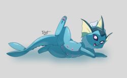 2021 blue_body eeveelution female feral genitals grey_background hi_res looking_at_viewer lying misterdonut multi_nipple nintendo nipples on_side open_mouth open_smile pawpads pokémon_(species) pokemon purple_sclera pussy raised_leg signature simple_background smile solo spread_legs spreading vaporeon video_games