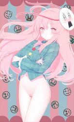 absurdres blush bottomless bow bowtie cleft_of_venus closed_mouth collared_shirt cowboy_shot crossed_arms emoji female frilled_sleeves frills green_shirt hata_no_kokoro highres hopeless_masquerade long_hair long_sleeves looking_at_viewer mask mask_on_head navel ohako_miyu pink_bow pink_bowtie pink_eyes pink_hair plaid_clothes plaid_shirt pussy shirt solo thighhighs touhou