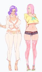 2girls ass_visible_through_thighs belt bimbo choker crop_top_overhang doxy flurty_(comic) fluttershy_(mlp) friendship_is_magic glasses hourglass_figure large_breasts midriff my_little_pony rarity_(mlp) short_shorts shorts shortshorts skimpy_clothes smile stockings t-shirt teacher_and_student underboob