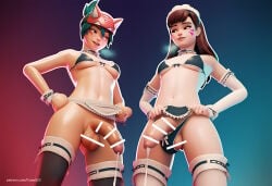 ai_generated futaais23 futanari 3d overwatch overwatch_2 d.va kiriko_(overwatch) futa_only maid maid_headdress maid_uniform maid_outfit maid_bikini bikini cum after_cum cum_string looking_at_another heavy_breathing