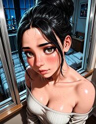 ai_generated alarm_clock bare_shoulders bed bedroom black_hair blush body_freckles breasts brown_eyes cd_projekt_red chest_of_drawers city_lights cityscape clavicle cleavage clock closed_mouth clothing collarbone cyberpunk_2077 eyelashes female female_only forehead freckles from_above grey_sweater hair_bun indoors jousneystudio lips looking_at_viewer makeup mascara medium_breasts night night_sky nose off-shoulder_sweater off_shoulder on_bed open_window original panam_palmer patreon photo_(object) pillow ribbed_sweater shiny_skin single_hair_bun solo sweater thick_eyebrows thick_lips trembling updo upper_body white_sweater window