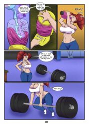 1girls anne_(bigger_than_you) barbell bigger_than_you_(comic) blender_(object) blue_jeans comic_page english_text exposed_torso female green_eyes light-skinned_female original original_character outlaw_monkey_x page_10 red_hair socks tagme twintails