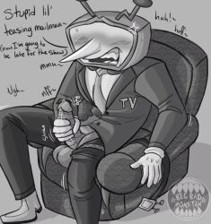 bigbadmonstah blush chair deltarune deltarune_chapter_3 dialogue gloves irritated masturbating masturbation moan moaning monochrome sharp_teeth suit suit_and_tie sweat tenna_(deltarune) tv tv_head