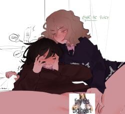 2girls black_hair blush brown_hair censored clothing_aside commentary english_commentary english_text fingering green_eyes heart heart-shaped_pupils highres long_hair multiple_girls novelty_censor open_mouth original panties panties_aside parted_lips pink_panties pockiseisont red_eyes spoken_squiggle spread_legs squiggle symbol-shaped_pupils underwear yuri