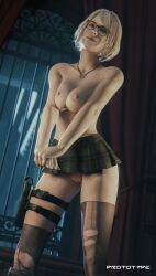 1girls 2025 3d areolae ashley_graham ashley_graham_(ella_freya) biohazard breasts female female_only female_pubic_hair functionally_nude functionally_nude_female glasses indoors legs_apart medium_breasts megane nipples prototype_(artist) pubic_hair pussy resident_evil resident_evil_4 resident_evil_4_remake ripped_stockings short_skirt skirt solo standing stockings topless topless_female vulva