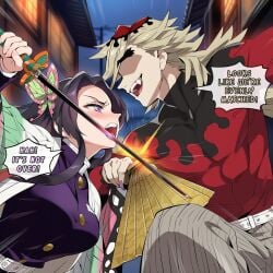 absurd_res absurdres ai_generated blush color commentary darklust demon_slayer dialogue douma english english_commentary english_dialogue english_text female hi_res high_resolution highres human kimetsu_no_yaiba kochou_kanae large_breasts motion_blur motion_lines novelai self_upload speech_bubble speed_lines sweat tagme text uncensored