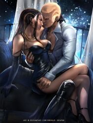 1boy 1girls arm_sleeves balcony between_legs big_breasts cleavage couch curtains dark-skinned_female dark-skinned_male date_night elegant_dress enticing erotic exposed_midriff guardrail hair_down hand_on_neck hand_on_rib hoop_earrings intense_stare intimate legs_crossed long_hair master_raven multicolored_hair necklace open_balcony pants passionate pillows raven_(tekken) romantic sensual slender_legs slit_dress stars stiletto_heels straddling strap_slip tekken thick_thighs unbuttoned_shirt wooden_floor