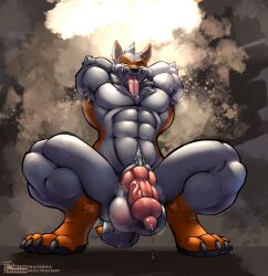 4_toes abs anatomically_correct anatomically_correct_genitalia anatomically_correct_penis animal_genitalia animal_penis anthro armpit_hair armpit_tuft balls balls_blush big_balls blush bodily_fluids body_blush body_hair breasts canid canine canine_genitalia canine_penis chest_tuft claws crouching digital_media_(artwork) dipstick_tail dripping erection featureless_breasts feet fox full-length_portrait fur genital_fluids genitals green_eyes grey_body grey_fur grey_hair hair hands_behind_head hi_res inner_ear_fluff knot knotted_penis leg_markings looking_at_viewer male male_anthro mammal markings multicolored_body multicolored_fur muscular muscular_male musk musk_clouds musky_balls musky_penis narrowed_eyes nude open_mouth orange_body orange_fur pawpads paws penis portrait precum precum_drip signature simple_background socks_(marking) solo steam tail tail_markings teeth teeth_showing text toastedfox toes tongue tuft two_tone_body two_tone_fur username vein veiny_penis