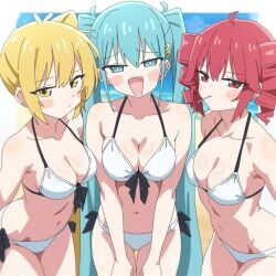 3girls akita_neru bikini blue_eyes blue_hair breasts fanloid female_only hatsune_miku kasane_teto red_eyes red_hair utau vocaloid yellow_eyes yellow_hair