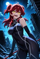 ai_generated blood_on_face brainwashed breasts corrupted female freckles freckles_on_face ginger ginger_female gundam_00 hypnosis large_breasts mind_break mind_control nena_trinity pale-skinned_female pale_skin red_hair skin_tight skintight staff twintails yellow_eyes