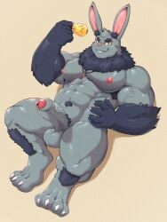 1boy abs animal_ears armpit_hair baade_(xxl) bara bare_pectorals barefoot bell bell_ringing biceps black_fur claws completely_nude croiyan english_commentary erection eyebrow_piercing face_piercing foreskin furry furry_male grey_fur grin highres holding holding_bell jewelry looking_at_viewer male_focus muscular muscular_male navel necklace nipples nude pectorals penis piercing precum rabbit_boy rabbit_ears smile veins veiny_penis xxl_woofia