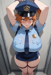 ai_generated arms_up badge bangs blue_headwear blue_necktie blue_shirt blue_skirt blush bound bound_wrists breast_pocket breasts clothing collared_shirt cuffs curvy female female_only female_service_cap fishnet_thighhighs fishnets from_above green_eyes hair_between_eyes handcuffs hat headwear huge_breasts indoors kasumi_(pokemon) large_breasts legwear lips looking_at_viewer miniskirt necktie orange_hair peaked_cap pencil_skirt pocket pokemon police police_badge police_hat police_uniform policewoman pussy_juice restrained shirt short_hair short_sleeves side_ponytail side_slit skirt solo standing sweat thick_thighs thigh_gap thighhighs thighs uniform