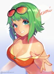 absurdres aqua_eyes bare_shoulders blurry blush breasts character_name cleavage crop_top female female_focus fingernails goggles goggles_on_head gradient_background green_hair grin gumi highres large_breasts long_fingernails looking_at_viewer nail_polish nou_(nounknown) off_shoulder orange_goggles red-tinted_eyewear short_hair single_bare_shoulder smile solo spread_fingers tan tanline tinted_eyewear twitter_username undressing upper_body vocaloid