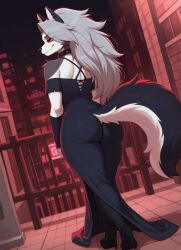 ai_generated anthro ass canid canid_demon canine canis clothed clothing collar demon dress female fingerless_gloves footwear gloves handwear hellhound helluva_boss hi_res high_heels legwear looking_at_viewer looking_back loona_(helluva_boss) mammal night off_shoulder outside rear_view smile solo tail walking wolf
