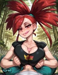 1boy 1girls ai_generated black_shirt breasts breasts_squeezed_together cleavage collarbone flannery_(pokemon) forest green_pants large_breasts licking_lips lips looking_at_viewer nature naughty_face outdoors paizuri paizuri_under_clothes pants pengu997 penis pokemon pokemon_rse ponytail pov pov_crotch red_eyes red_hair shirt smile solo_focus straight sweat t_shirt tongue tongue_out tree uncensored