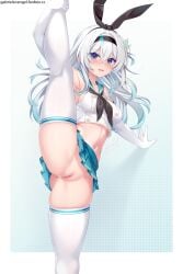 absurdres against_wall aqua_sailor_collar aqua_skirt armpits artist_name black_hairband black_neckerchief blush breasts cameltoe closed_mouth cosplay crop_top elbow_gloves fanbox_username female firefly_(honkai:_star_rail) gabriel_evangel gloves hair_between_eyes hair_ornament hairband hand_on_wall highleg highres honkai:_star_rail honkai_(series) kantai_collection light_frown looking_at_viewer medium_breasts microskirt navel neckerchief outstretched_arms paid_reward_available panties patreon_username purple_eyes rabbit_hair_ornament sailor_collar school_uniform serafuku shimakaze_(kancolle) shimakaze_(kancolle)_(cosplay) skindentation skirt solo split standing standing_on_one_leg standing_split stomach striped_clothes striped_thighhighs thighhighs thighs underwear web_address white_gloves white_hair white_panties white_thighhighs