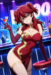 ai_generated alcoholic_drink bar brainwashed breasts china_dress chinese_clothes corrupted drinking female freckles freckles_on_face ginger ginger_female gundam_00 hypnosis large_breasts mind_break mind_control nena_trinity pale-skinned_female pale_skin red_hair twintails yellow_eyes