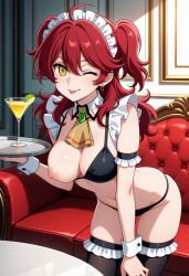 ;p ai_generated brainwashed breasts corrupted female freckles freckles_on_face ginger ginger_female gundam_00 hypnosis large_breasts maid_bikini maid_outfit mind_break mind_control nena_trinity one_breast_out pale-skinned_female pale_skin red_hair twintails yellow_eyes