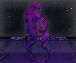 3d_(artwork) alien anthro arm_quills ass breasts colored cosmic_background digital_media_(artwork) digitigrade duo english_text female female/female female_on_anthro halo_(series) hand_on_chest head_between_breasts hi_res ibie'shan kig-yar kit5un3 mandibles microsoft non-mammal_breasts nude quill_hair sangheili scalie short_tail side_boob size_difference smaller_anthro space space_background spurs_(anatomy) standing starry_background tail text xbox_game_studios