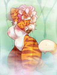 1girls anthro areolae bathing braid breasts breasts_visible_through_clothing buxbi buxbi_(character) closed_eyes curvy female female_only fur furry furry_only hi_res long_hair messy_hair nipples orange_fur pantherine pink_highlights slightly_chubby solo solo_female striped_fur swimsuit tail thick_thighs tiger transparent_clothing wet white_hair wide_hips