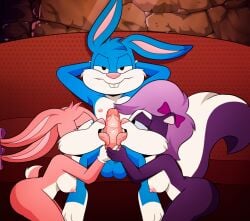 anthro babs_bunny balls big_balls big_penis blue_body blue_fur buckteeth buster_bunny dominant dominant_male female fifi_la_fume fire_conejo fur genitals group hair hi_res lagomorph leporid long_ears male male/female mammal mephitid nipples oral penis pink_body pink_fur pink_nipples pink_nose purple_body purple_fur purple_hair rabbit skunk teeth tiny_toon_adventures trio warner_brothers white_body white_fur