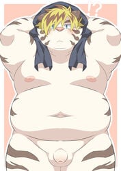 ! 2021 ? absurd_res anthro balls belly blush felid flaccid fur genitals hi_res kemono licho_(tokyo_afterschool_summoners) male mammal moobs navel nipples overweight overweight_anthro overweight_male pantherine penis ptcmtr simple_background small_penis solo tiger tokyo_afterschool_summoners towel video_games white_body white_fur