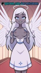 1girls 2025 2d ai ai_generated angel angel_wings anime anime_style areolae breasts breasts_out clothes colored_sclera dark-skinned_male dark_skin emily_(hazbin_hotel) eye_contact female female_focus female_only flashing flashing_at_viewer flashing_breasts freckles freckles_on_face half-closed_eyes halo hazbin_hotel long_hair looking_at_viewer medium_breasts nipples nipples_outside parted_lips seramic_seven solo solo_female solo_focus tits_out uncensored uncensored_breasts uncensored_nipples white_freckles white_hair